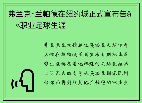弗兰克·兰帕德在纽约城正式宣布告别职业足球生涯